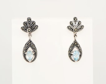 Blue Topaz Marcasite Drop Earrings, Sterling Silver