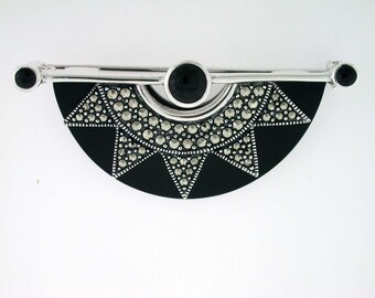 Art Deco Onyx Fächer Brosche, Perlen Fächer mit Markasit in Sterling Silber