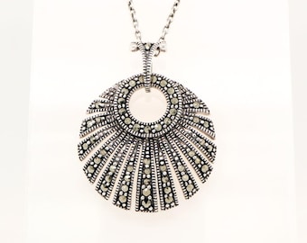 Art Deco Circular Fan Pendant with Marcasite in Silver