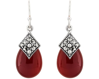 Art Deco Drop Earrings with Gemstone, - Marcasite and Sterling Silver,Gift For Her