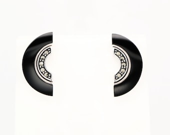 Art Deco Onyx Marcasite Fan Earrings, Sterling Silver