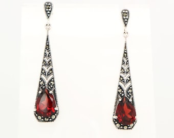 Garnet Drop  Marcasite Earrings, Sterling silver earrings, Vintage style jewelry