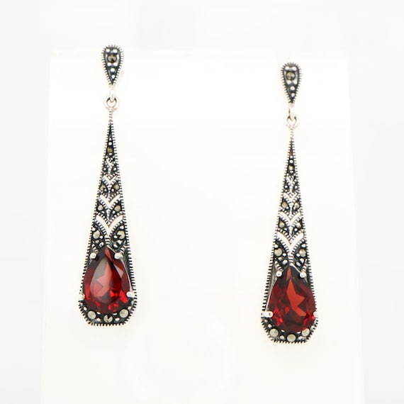 Boucles D'oreilles Art Déco En Argent Massif - Grenat Et Marcassites - Occasion