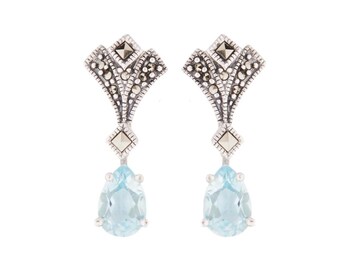 Art Deco Drop Earrings in Blue Topaz, Marcasite and Sterling Silver