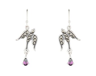 Swallow Earrings in Marcasite, Amethyst and Sterling Silver