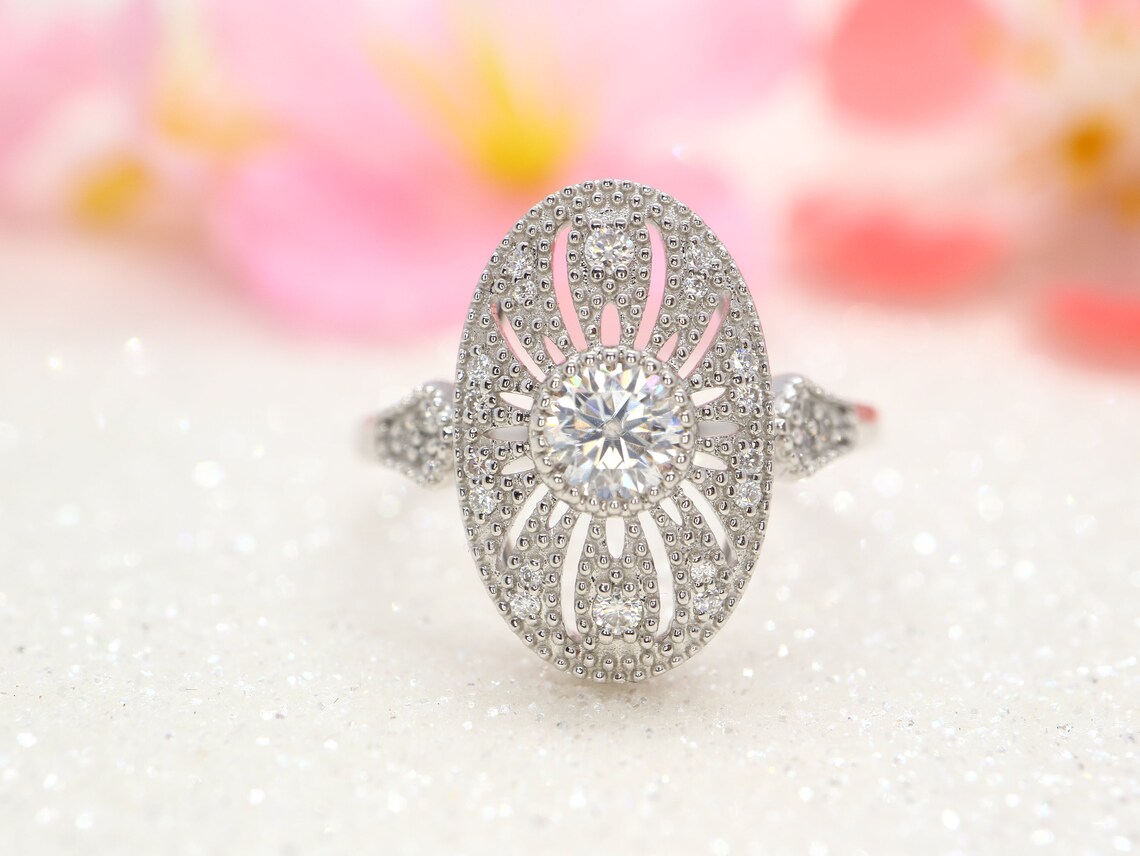 Art Deco Sterling Silver Ring, Vintage Moissanite Ring, Anniversary