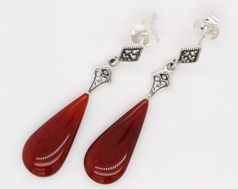 Art Deco Carnelian Drop Earrings with Marcasite in Sterling Silver