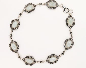 Natural Jade with Marcasite Halo Bracelet in Silver
