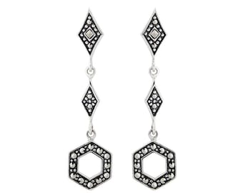Art Deco Marcasite Drop Earrings – Geometric Sterling Silver