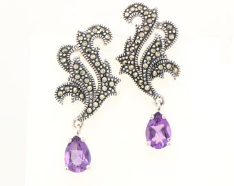 Art Deco Amethyst Feather Earrings, Marcasite Sterling Silver