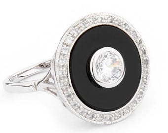 Art Deco Black Onyx Ring – Cubic Zirconia, Sterling Silver