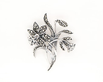 Trumpet Flower Marcasite Brooch in Sterling Silver
