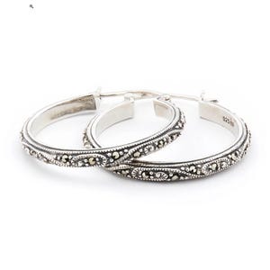 Art Deco Marcasite Sterling Silver Hoop Earrings, Vintage Style (35mm)
