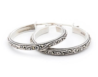 Art Deco Marcasite Sterling Silver Hoop Earrings, Vintage Style (35mm)