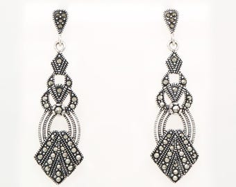 Art Deco Marcasite Sterling Silver Dangle Earrings – Vintage Style