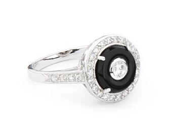 Art Deco style CZ and Black onyx ring in Sterling Silver