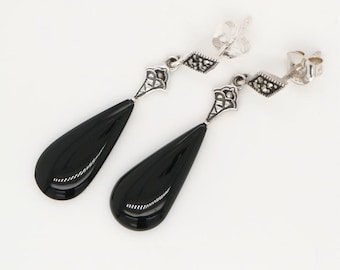 Art Deco Drop Earrings with Black Onyx Drop, Marcasite in Sterling Silver