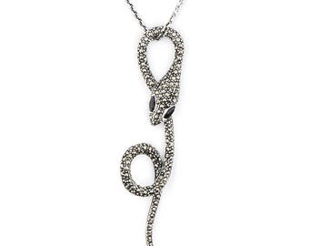 Art Deco Snake Pendant Necklace in Marcasite, Onyx and Sterling Silver
