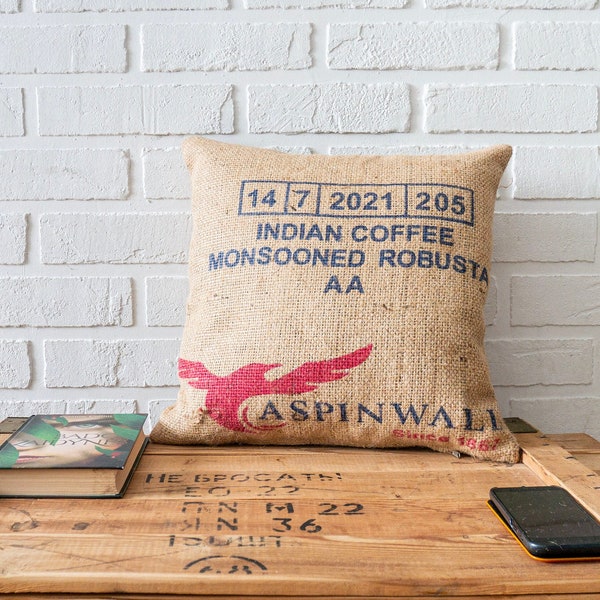 Handmade rustic pillow made of burlap coffee sack from Hamburg. Cushions with print. Boho zero waste design
