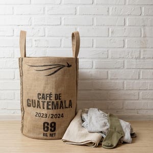 Upcycled Coffee Bag Laundry Hamper with Gvatemala print : Large Burlap Storage Basket
