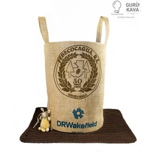Upcycled hoher runder Wäschekorb mit Griffen Rustikale Bauernhaus-Aufbewahrungslösung Hergestellt aus wiederverwendeter Guatemala-Kaffeetüte Geschenk für Kaffeeliebhaber
