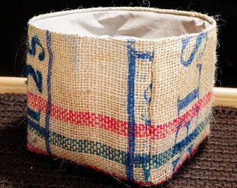 Small square sisal basket with cotton lining Rustic primitive design Handmade storage organizer made of authentic Colombian coffee bag.