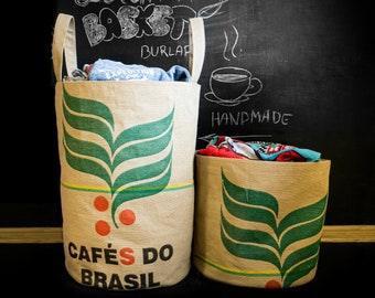 TOP Hand-crafted Laundry baskets SET Brazilian coffee made of burlap bag. Upcycled Zero Waste