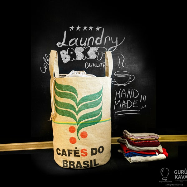 TOP Panier à linge avec cordon de serrage Grand panier à serviettes fait de sacs de café en toile de jute du Brésil avec impression Zéro déchet