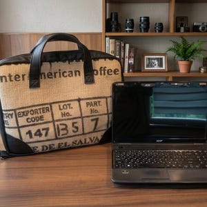 Recycled Coffee Sack Laptop Bag, Burlap Messenger, Upcycled Briefcase, Rustic Coffee Lover Gift