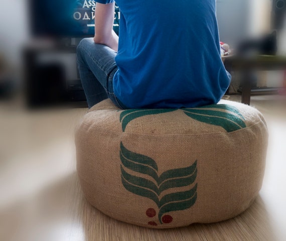 Upcycled Furniture Burlap Pouf Rustic and Country Round Ottoman