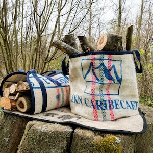 Colombian Set of basket and firewood log carrier made of sisal coffee sack. Zero waste country and vintage upcycled handmade