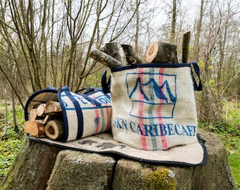 Kolumbianisches Set aus Korb und Brennholzkorb aus Sisal-Kaffeesack. Zero Waste Country und Vintage Upcycled Handarbeit