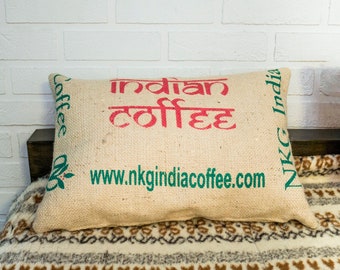 Rustic burlap pillow. Decorative natural cushions with inner filling pad. Made of indian coffee sack. Reused zero waste.