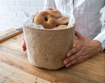 Small round bread basket Organizers made of original coffee sack. Rustic table decor made of reused jute bags Sustainable housewarming gift