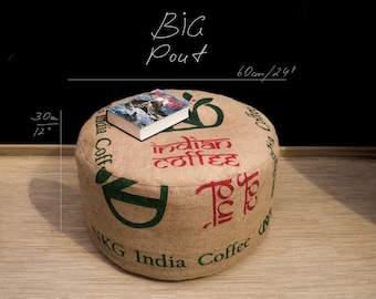 Burlap Coffee Sack Ottoman Cover: Round Upcycled Pouf (60x30cm) COVER ONLY