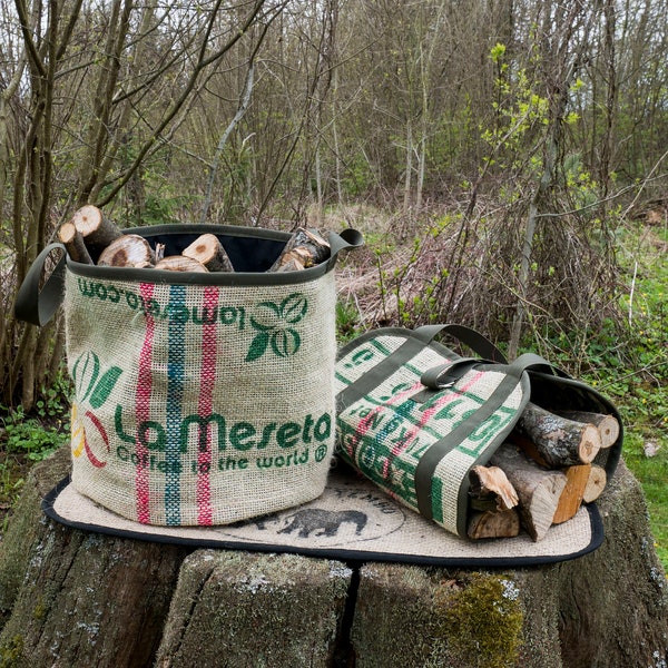 Green log basket and firewood carrier bag Rustic and country style set made of burlap coffee sack