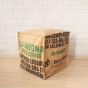 Burlap Coffee Sack Pouf Cover letter print: Rustic Ottoman Footstool (40x40cm) COVER ONLY