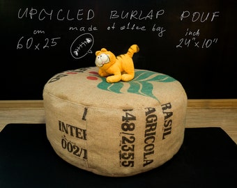 Upcycled Large Burlap Pouf Cover: Rustic Coffee Sack Ottoman (60/25cm) COVER ONLY