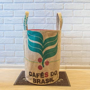 TOP Drawstring closure laundry basket Large towel hamper made of burlap coffee bags from Brasil with print Zero Waste