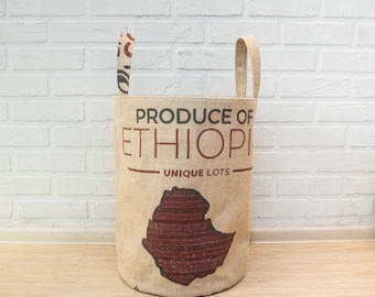 Ethiopia Print Upcycled Jute Laundry Basket: Upcycled Coffee Bag Hamper