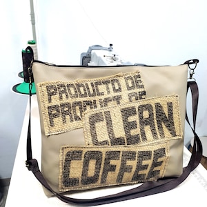 Upcycled Jute Messenger Bag: Coffee Lover Crossbody