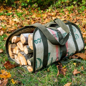 Tested Log Carrier - GreenForest  Firewood Carrier Handmade log holder. Zero waste recycled log bag