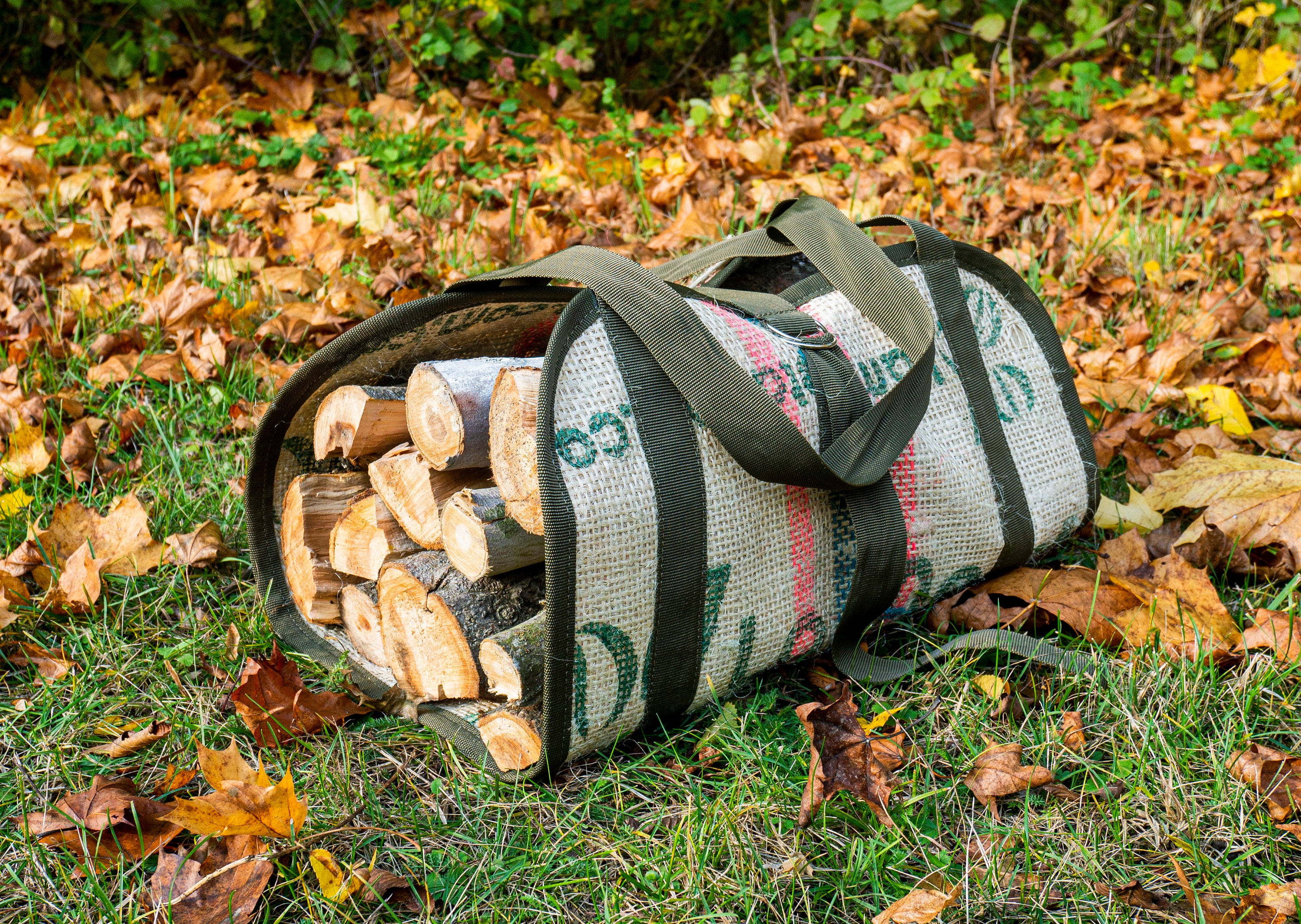 porte-bûches testé - porte-bûches greenforest fait main. sac à bûches recyclé zéro déchet