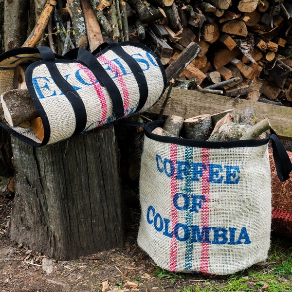 Ensemble sac à bûches et panier Porte-boissons Ensemble pour cheminée au design rustique et champêtre Fabriqué à partir d'un sac à café en toile de jute recyclée Recyclage zéro déchet