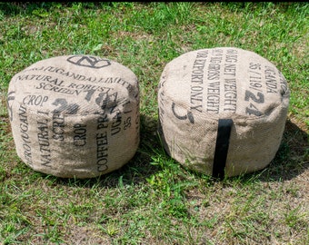 Vintage style small pouf Rustic primitive country style extra sitting cushions COVER ONLY Upcycled mudcloth fabric eco friendly jute bag