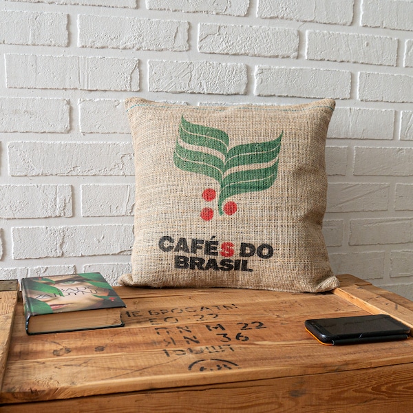 Upcycled Burlap Pillow: Brazilian Coffee Sack Cushion, Sustainable Decor