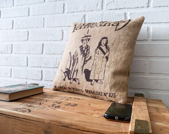 Burlap pillow with Peru print Natural burlap material and rustic jute gift for coffee lovers  or for porchdecor and warm design