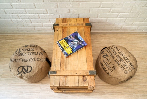 Rustic Burlap Pouf Cover: Small Round Ottoman, Upcycled Coffee Sack COVER ONLY