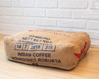 Rustic Burlap Coffee Bag Pouf Cover: Printed Jute Floor Cushion COVER ONLY
