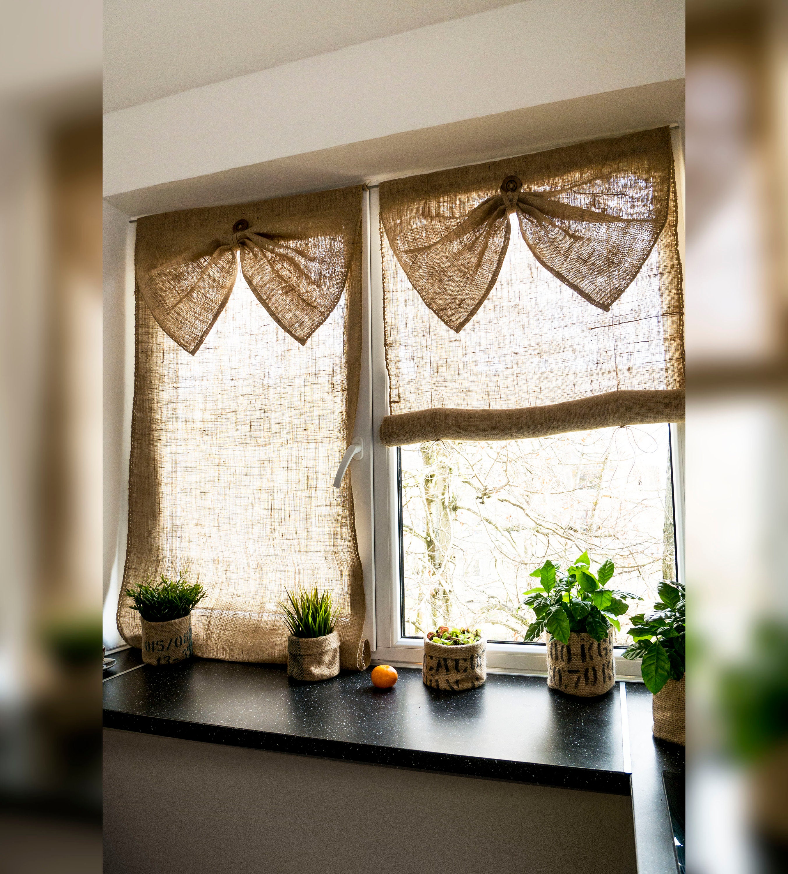 Persiana enrollable de arpillera clásica personalizada con cuerdas,  cortinas campestres hechas a mano, tonos rústicos para decoración del hogar  -  España